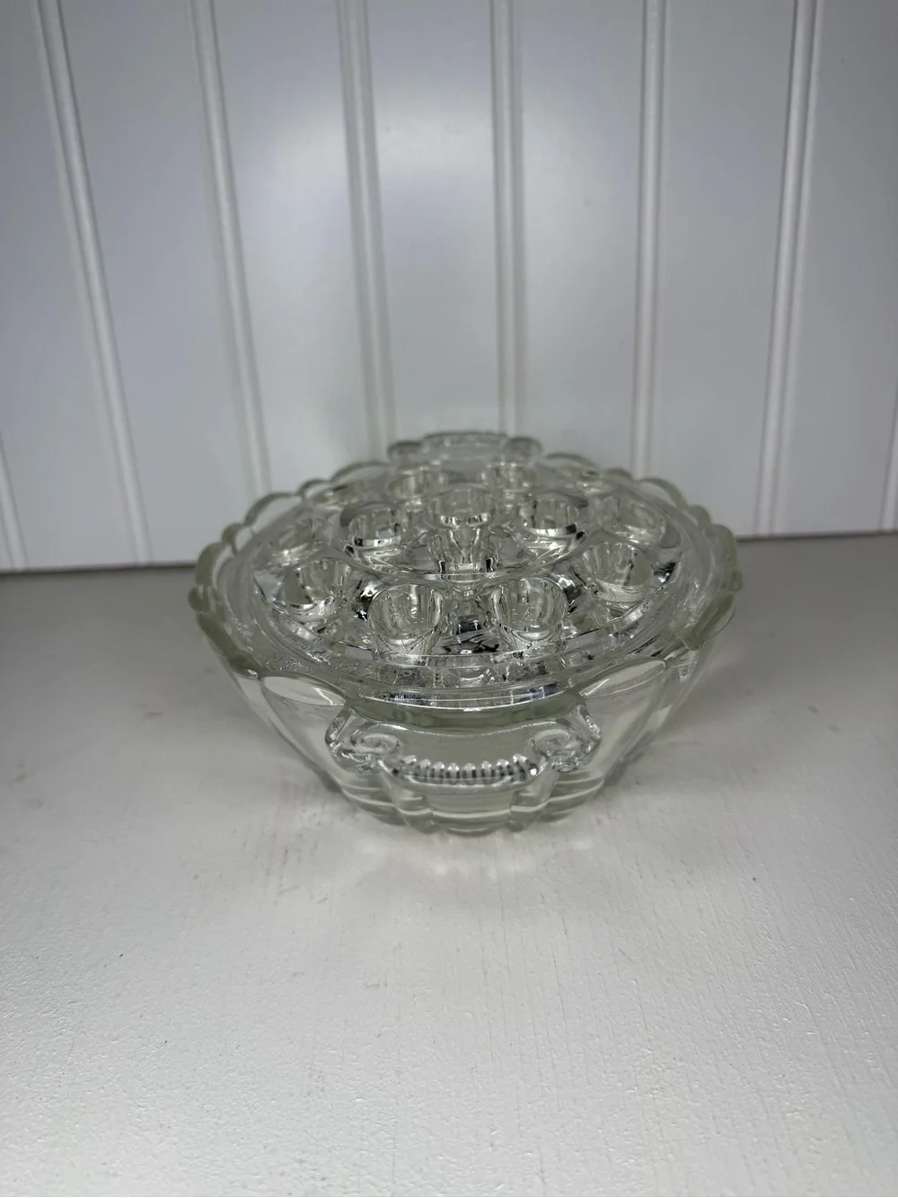 Vintage Anchor Hocking Old Cafe 16 hole clear glass Flower Frog bowl, circa 1930